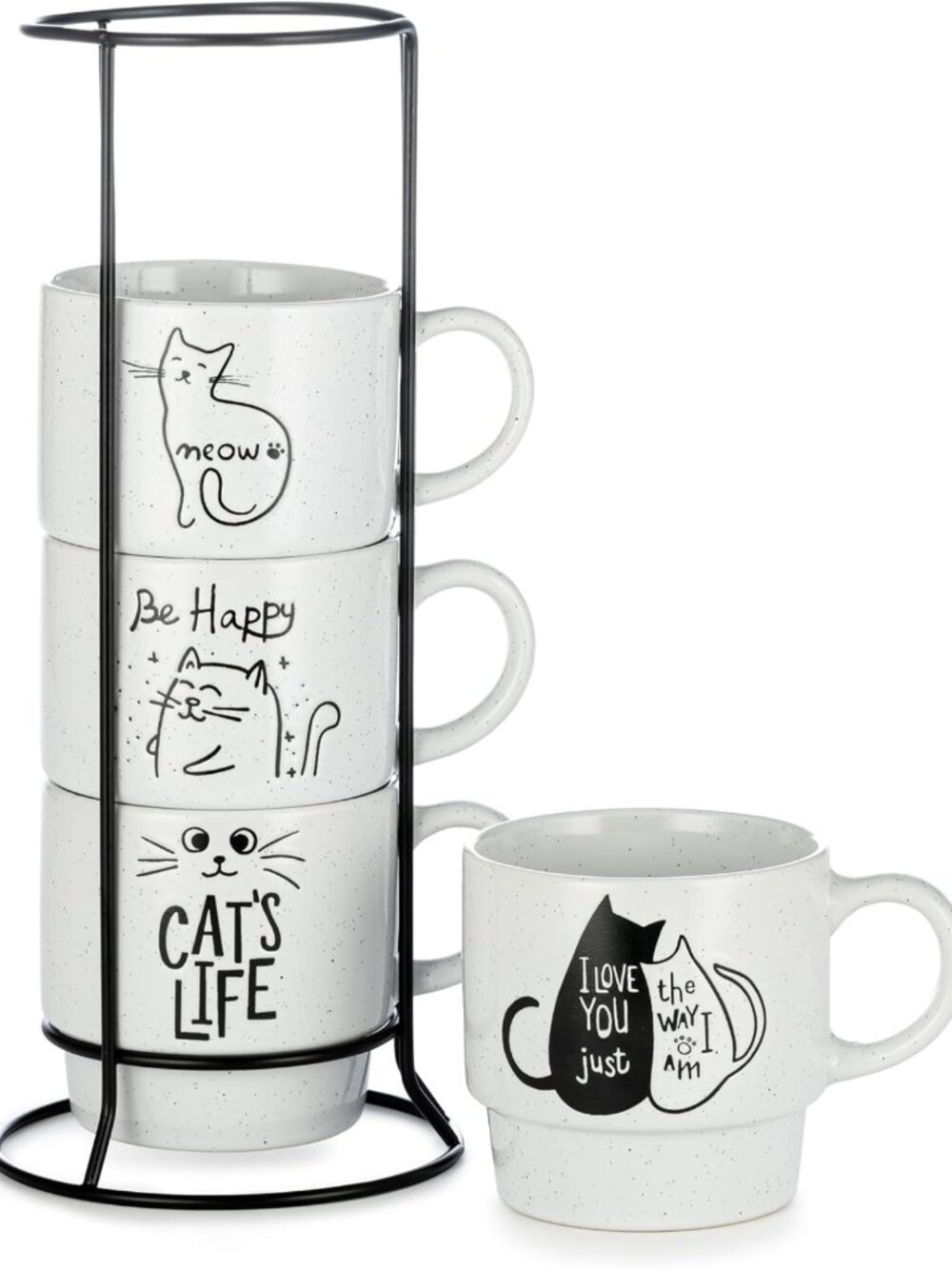 Stackable Coffee Mug Tower Set with Metal Rack - 15oz Mugs for Coffee, Tea